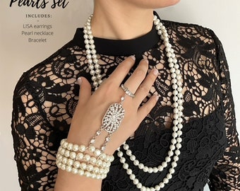Gatsby Perlen Schmuck Set: 1920s Flapper Armband, Haarschmuck & Ohrringe