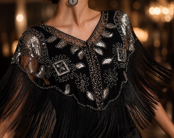 Black 1920s Inspired Fringe Bolero – Art Deco Gatsby Capelet – Vintage Style Evening Shawl – Beaded Statement Wrap