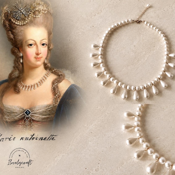 Marie-Antoinette-Perlenkette, Rokoko-Perlenkette, Kleid aus dem 18. Jahrhundert, Marie-Antoinette-Schmuck, Versailles-Ästhetik, Barock-Perlenkette