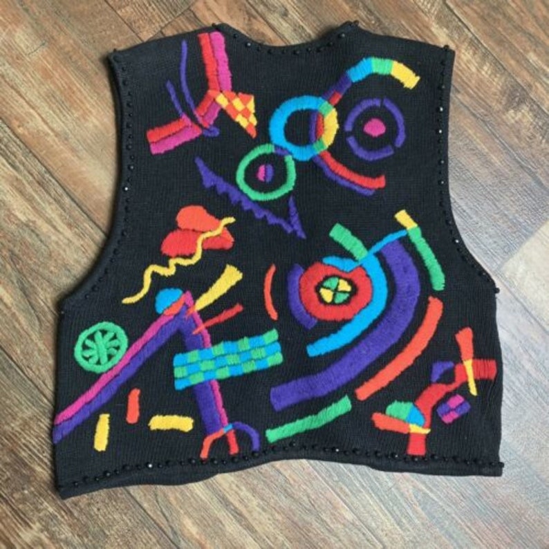 Rafia Knit Sweater Vest Vintage Embroidery Small Fresh 80\u2019s Retro Throwback