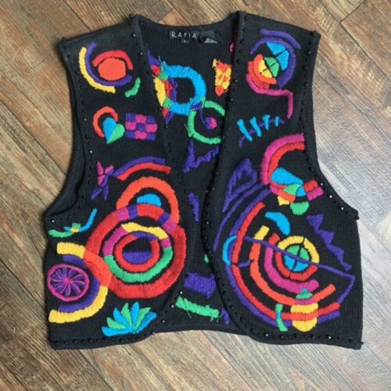Rafia Knit Sweater Vest Vintage Embroidery Small Fresh 80\u2019s Retro Throwback