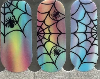 Halloween Spider Web Nail Wraps – Rainbow Iridescent Decals (100% Nail Polish)