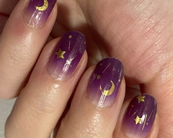 Purple Galaxy Nail Wraps – Gold Moon and Stars Nail Decals