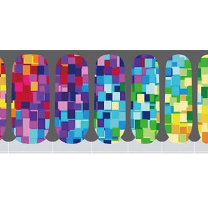 May include: Nail art stickers featuring a mosaic design. Each sticker has a different color scheme, including orange, red, purple, blue, green, yellow, and a mix of colors. The stickers are rectangular with rounded tops, designed for easy application.