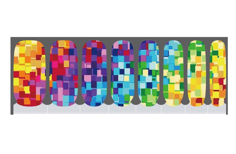 May include: Nail art stickers featuring a mosaic design. Each sticker has a different color scheme, including orange, red, purple, blue, green, yellow, and a mix of colors. The stickers are rectangular with rounded tops, designed for easy application.