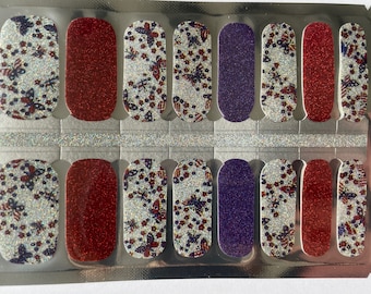 Glitter Patriotic Butterfly - Red White and Blue - Stars and Stripes - American - 4th of July  - Dry Nail Polish - Long Wear Nail Wraps