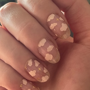 Pink Clouds Stars Nail Wraps – Transparent Long Wear Dry Polish Overlay