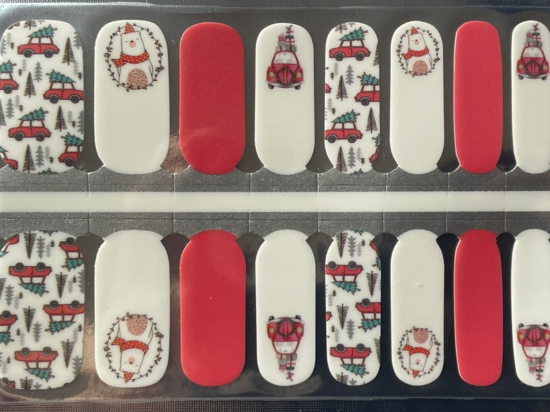 Christmas Nail Stickers – Polar Bear, Red Car Tree Design (Dry Nail Polish) image 1