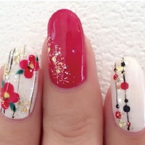 Nail Wraps - Nail Stickers - Red and White Glitter Floral- Dry Nail Polish - Long Wear Nail Wraps