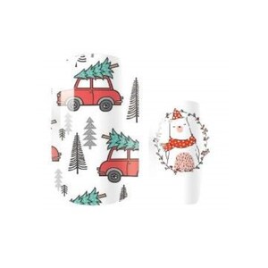 May include: White ceramic mug with a repeating pattern of red cars carrying Christmas trees and black and gray trees. A matching white ceramic candle holder features a bear wearing a Santa hat and scarf.