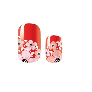 Nail Wraps - Nail Stickers - Red with white flowers - Dry Nail Polish - Long Wear Nail Wraps
