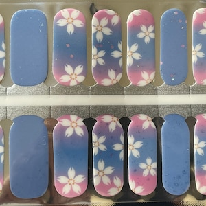 Nail Wraps - Nail Stickers - Glitter Ombre Blue and Pink with White Flowers - Dry Nail Polish - Long Wear Nail Wraps