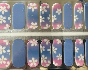Glitter Ombre Nail Wraps – Blue, Pink, and White Flowers
