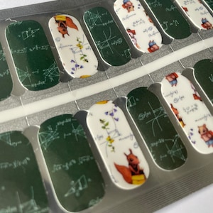 May include: A sheet of nail wraps with a green and white design. The design features a squirrel, flowers, and mathematical equations. The nail wraps are packaged in a clear plastic bag.