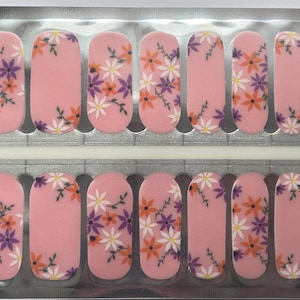 Adesivi per unghie con fiori rosa / Adesivi per unghie con margherite in viola, arancione e bianco / Nail art primaverile ed estiva brillante / Manicure fai da te facile