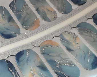 Blue Silver and Beige Marble - Dry Nail Polish - Long Wear Nail Wraps