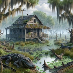 Louisiana alligator swamp camp bayou scene sublimation dtf png