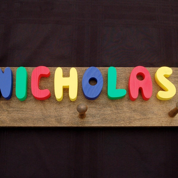 Woodcrafts for children, name coat racks, stools,name puzzles, name plaque without pegs