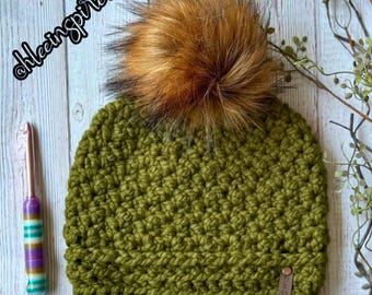 Women's Slouchy Winter Hat | Green Sakura Beanie | Luxurious Ladies Pom Hat | Soft Squishy Hat For Her - Ready to Ship - HLeeInspired