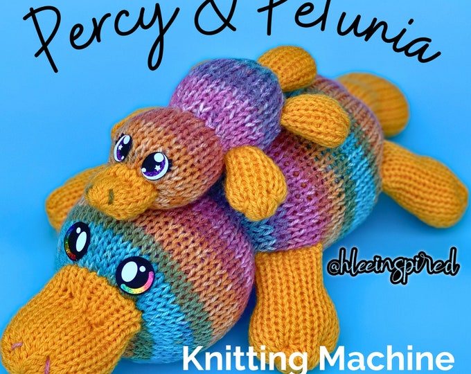 Featured listing image: Percy and Petunia Platypus Stuffed Animal Circular Knitting Machine PDF PATTERN ONLY Addi Sentro Tutorial Recipe