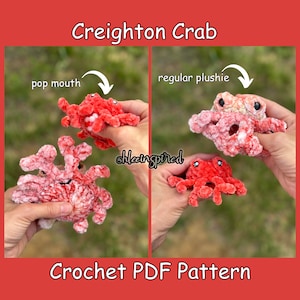 Könnte beinhalten: Häkelanleitung für einen roten und orangen Plüschkrebs mit einem herausklappbaren Mund. Das Muster ist als PDF-Download erhältlich. Das Muster heißt "Creighton Crab".