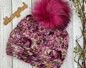 Handmade Crochet Womens Fitted Multi Pinks and Green Beanie with a Luxurious Faux Fur Pom - Soft Squishy Hat - Ready to Ship - HLeeInspired