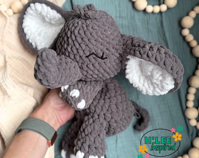 Featured listing image: Crocheted Elephant Snuggler Plushie: Sleepy Eyes, Crinkle Ears