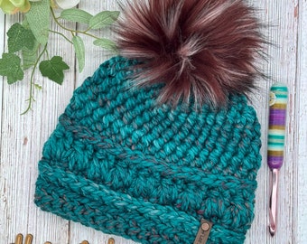 Handmade Crochet Deep Teal Tweed Womens Fitted Beanie with Faux Fur Pom - Warm Hat for Cozy Winter Days - Ready to Ship - HLeeInspired