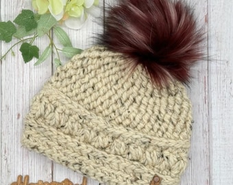 Handmade Crochet Cream Tweed Womens Fitted Beanie with a Faux Fur Pom - Soft Squishy Hat for Cozy Winter Days - Ready to Ship - HLeeInspired