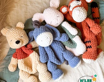 Hundred Acre Woods Friends - Crochet handmade snuggler / loveys | Vintage Honey Bear, Pig, Tiger, Donkey