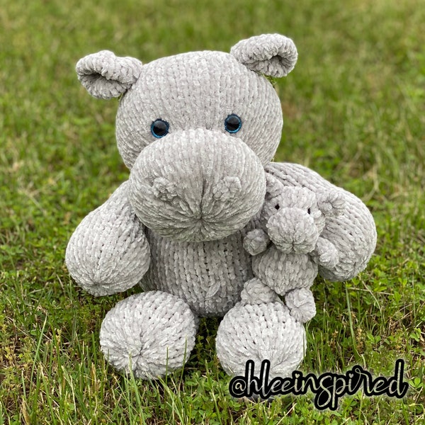 Hannah the Hippo and Baby Circular Knitting Machine PDF Pattern Sentro Addi Express Momma pouch