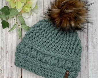 Handmade Crochet Womens Fitted Beanie in a Beautiful Succulent Shade with Faux Fur Pom - Warm and Cozy - Ready to Ship - HLeeInspired