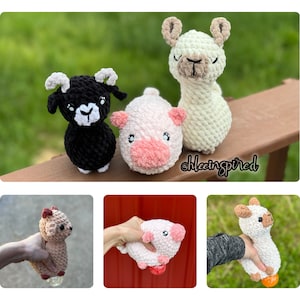 Op de afbeelding: Drie gehaakte knuffels: een zwarte geit, een witte lama en een roze varken. De lama staat rechtop, terwijl de geit en het varken liggen. De lama heeft een wit gezicht met bruine ogen en een bruine neus. De geit heeft zwarte ogen en een zwarte neus. Het varken heeft roze ogen en een roze neus. De dieren zijn allemaal gemaakt van zacht, pluche garen. De afbeelding bevat de tekst "@hleinspired".