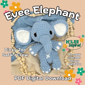 Könnte beinhalten: Ein Häkelmuster für ein blaues und weißes Evee Elephant Amigurumi-Spielzeug. Das Muster ist ein digitaler PDF-Download und Teil der Dinky Zoo Safari Crew-Kollektion. Das Muster ist nahtlos und wird als "Liebesmuster" bezeichnet.