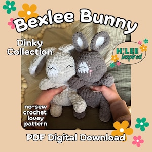 Könnte beinhalten: Ein Häkelmuster für einen nähfreien Hasen, genannt Bexlee Bunny, aus der Dinky Collection von H'LEE Inspired. Das Muster ist als PDF-Download erhältlich.