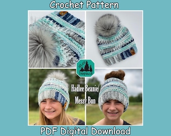 Hadlee Beanie/ Messy Bun/ Ponytail Crochet Hat *PDF PATTERN ONLY*