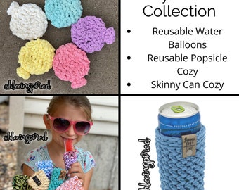 Raeydn Reusable Collection Crochet Patterns, Water Balloons, Skinny Can Cozy, Popsicle / Freeze Pop