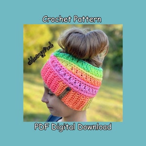May include: A crochet pattern for a colorful rainbow headband with a bun space. The pattern is a PDF digital download. The pattern is available on Etsy.