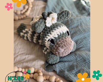 Crocheted Zade Zebra Snuggler: Handmade Stuffed Animal Lovey Smokey Green and Cream
