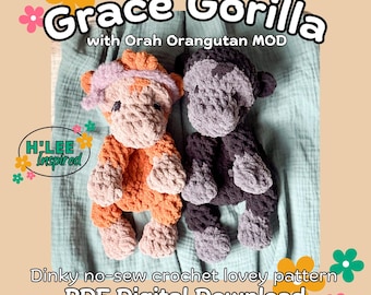 Grace the Gorilla and Orah the Orangutan Dinky Crochet Lovey Pattern: No Sew Amigurumi Plushie (PDF Pattern)