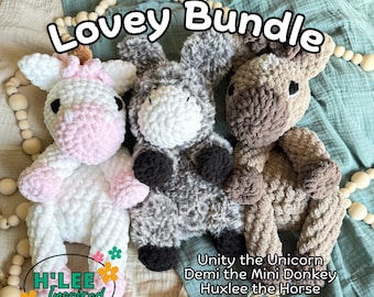 Horse, Unicorn, Pegasus, Donkey Lovey Crochet Bundle PATTERN ONLY | Low Sew Amigurumi Plushie | Stuffed Animal Snuggler | Cuddle Buddy