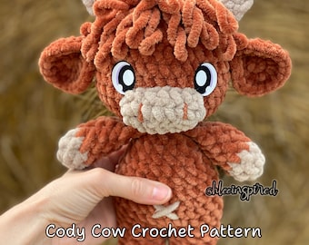 Cody Cow Low Sew Plushie Stuffed Animal Pattern ONLY / Crochet Cow Pattern /  Highland / Hereford / Bull