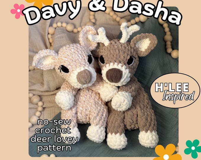 Featured listing image: Davy the Buck & Dasha the Doe Deer Lovey Crochet PATTERN ONLY | No Sew Amigurumi Plushie | Stuffed Animal Snuggler | Cuddle Buddy