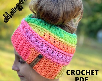 The Eliron Headwrap Crochet Pattern PDF - Earwarmer Pattern - Headband Messy Bun Ponytail Pattern - Circular Knitting Machine Brim option