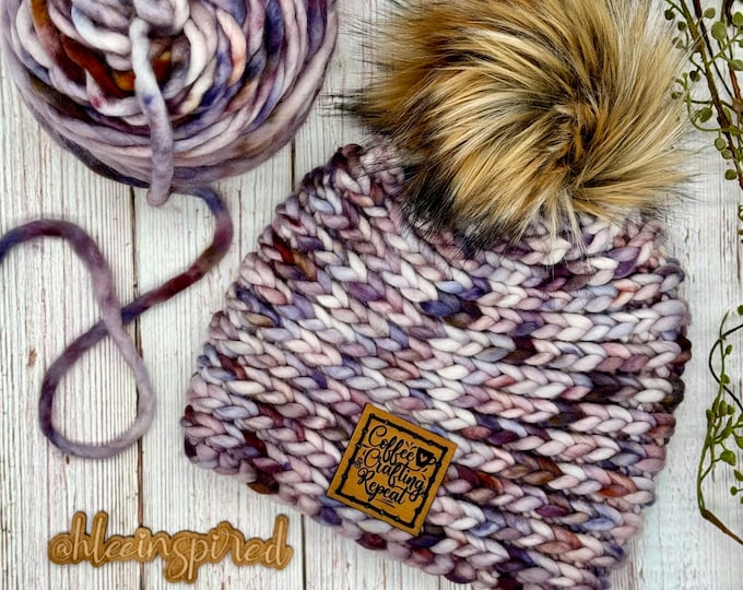 Featured listing image: Handmade Merino Wool Crochet Beanie: Purple Faux Fur Pom Winter Hat