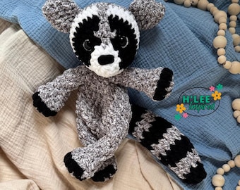 Crocheted Radley Raccoon Snuggler Plushie - Stuffed Animal Lovey - Handmade Baby Shower Gift - Ready to Ship - HLeeInspired