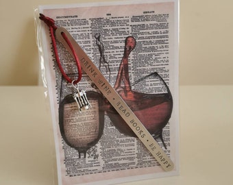 Handmade Stamped Bookmark - Drink Wine, Read Books, Be Happy Gift