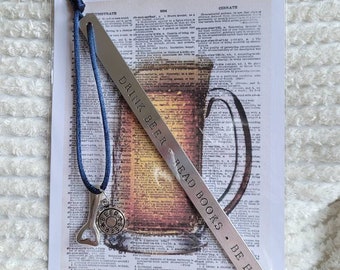 Handmade Stamped Bookmark - Drink Beer Read Books Be Happy Gift