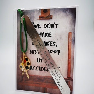 Handmade Stamped Bookmark - Bob Ross Inspired We Don&#39;t Make Mistakes, Just Happy Little Accidents Gift Painting