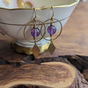 amethyst earrings, amethyst boho earrings, funky earrings, boho earrings, purple dangle earrings, dangle earrings, gold earrings